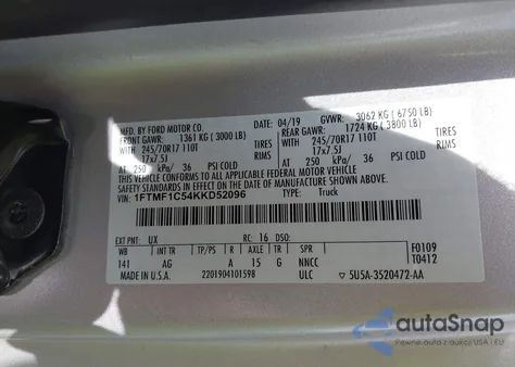 2019 Ford F-150 Xl z USA, uszkodzony, nr VIN 1FTMF1C54KKD52096